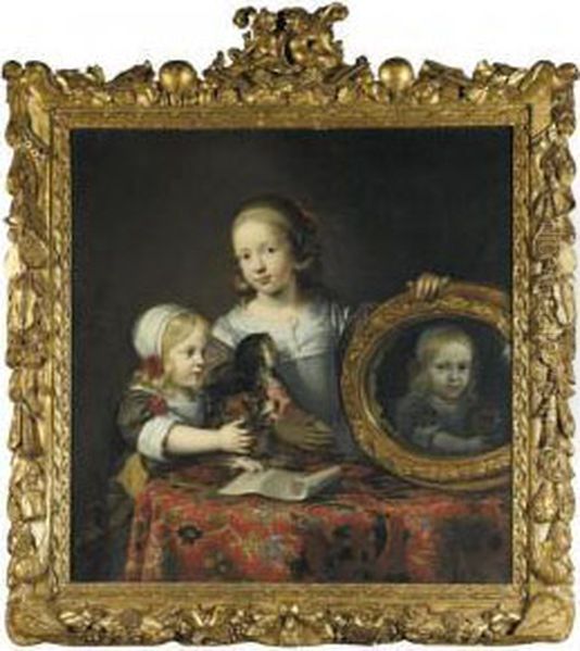 A Portrait Of Two Young Girls 
Standing Behind A Table Draped With A Carpet, One Holding A Doll And 
Mirror, The Other Holding A Small Dog Barking At Its Reflection In The 
Mirror Oil Painting by Justus van Egmont