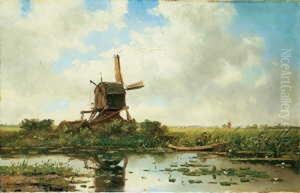 Landschaft Mit Windmuhlen. 
Signiert Unten Links: Kruseman V Elten. Ol Auf Leinwand. H 41; B 66 Cm. Oil Painting by Hendrik D. Kruseman Van Elten