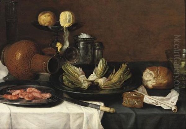 Artichokes And Shrimps On Pewter
 Plates, An Earthenware Jug, A Knife, A Peeled Lemon And An Orange On A 
Tazza, A Salt-cellar And Other Objects On A Draped Table Oil Painting by Jacob Fopsen van Es