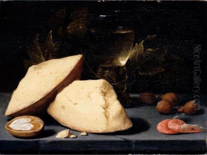 Still Life Of Cheese, A Roemer 
Of Wine, A Walnut, Hazelnuts And Two Shrimps On A Table-top Oil Painting by Jacob Fopsen van Es