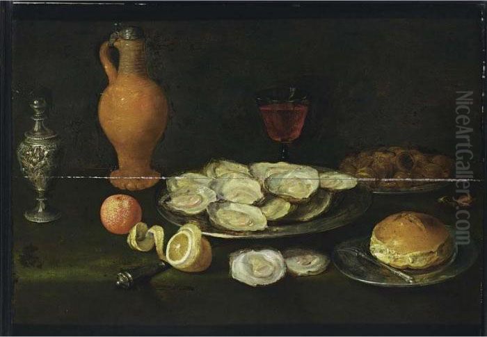 A Still Life With Oysters, 
Chestnuts, And A Roll Together With A Fork, All On Pewter Plates, A Half
 Peeled Lemon, A Bitter Orange, A Glass Of Wine, An Earthenware Jug With
 A Pewter Lid And Silver Pepperbox, All On A Table Draped With A Green 
Cloth Oil Painting by Jacob Fopsen van Es