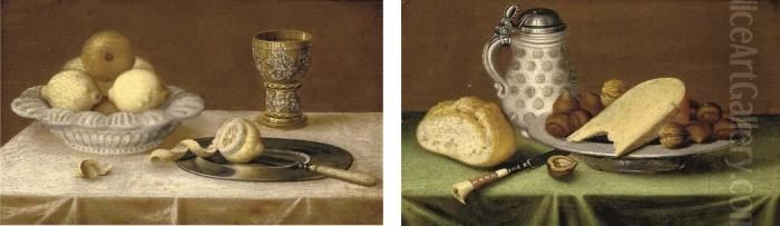 Lemons In An Earthenware Dish, A
 Silver Gilt Goblet, A Pewter Plate On A Draped Table; And An 
Earthenware Tankard, A Bread Roll, A Pewter Dish Of Hazlenuts And Cheese
 On A Draped Table Oil Painting by Jacob Fopsen van Es
