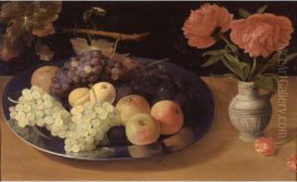 Still Life Of Grapes, Plums And 
Apples On A Silver Platter Together With A Vase With Flowers All Resting
 On A Ledge Oil Painting by Jacob Fopsen van Es