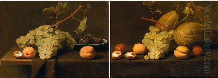 Still Life Of Grapes, Peaches 
And A Walnut, Together With Plums In A Blue And White Porcelain Bowl, 
Arranged Upon A Partly Draped Stone Ledge Oil Painting by Jacob Fopsen van Es