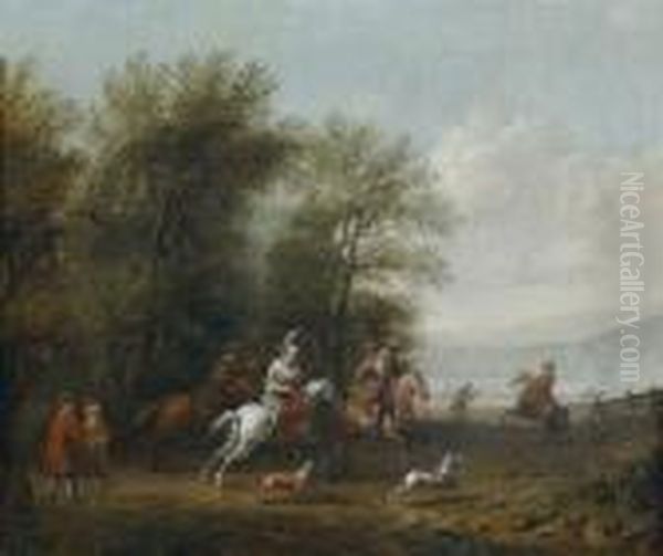 Cacciatori In Partenza Per Una 
Battuta Di Caccia Forzata; Cacciatori In Riposo E Cavalieri Davanti Ad 
Una Locanda Oil Painting by Barend Gael or Gaal