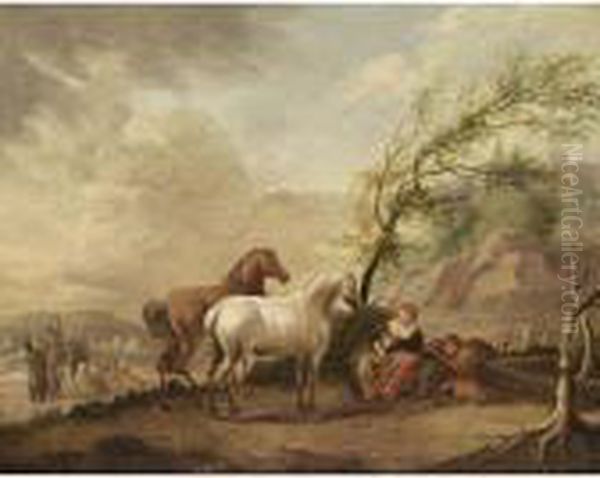 A Landscape With A Woman And Two
 Children Resting By A Tree Near A Well, Two Horses Nearby Oil Painting by Barend Gael or Gaal