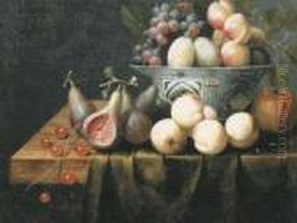 Grapes And Peaches In A Wan-li 
Bowl With Cherries, Figs, Peaches And A Pomegranate On A Partially 
Covered Table Oil Painting by Frans Van Everbroeck