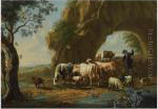 An Italianate River Landscape 
With A Shepherd And His Herd Near Agrotto, A View Of A Town Beyond Oil Painting by Jan van Gool