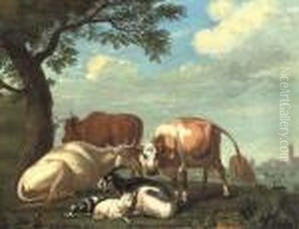 Cows And Goats Resting By A Tree, A Village Beyond Oil Painting by Jan van Gool