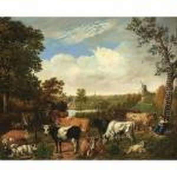 A Wooded Landscape With A 
Shepherdess Resting Under A Tree With Sheep, Goats And Cows, Rijswijk 
With The Oude Kerk Beyond Oil Painting by Jan van Gool