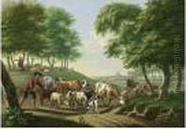 Herdsmen And Their Sheep, Goats 
And Cows In A Hilly Landscape, A Village With A Church Beyond Oil Painting by Jan van Gool