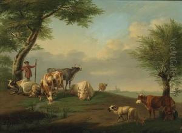 A Herdsman And Cattle With A Milkmaid In A River Landscape Oil Painting by Jan van Gool