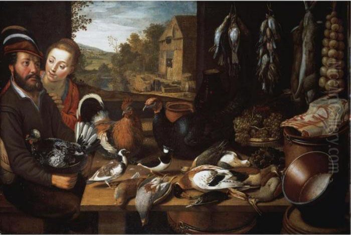 A Larder Still Life, With 
Farmyard Fowl, A Turkey, Pigeons, A Plover, Duck, A Starling, Partridge 
And Snipe, With Game And Songbirds And Rabbits Suspended From Nails, A 
Rib Of Beef, Grapes And An Artichoke, With Copper Pans, Watched By A 
Couple Se Oil Painting by Cornelis Cornelisz Van Haarlem
