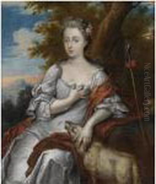 Portrait Of A Young Lady As A 
Shepherdess, Seatedthree-quarter-length, Wearing A White Dress, A Lamb 
And Staff Byher Side Oil Painting by Jan van Haensbergen