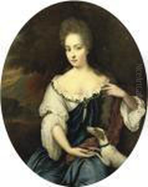 Portrait Of A Lady, 
Three-quarter-length, In A Blue Dress With Awhite Chemise And A Crimson 
Wrap With A Dog By Her Side Oil Painting by Jan van Haensbergen