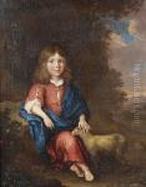 Portrait Of A Young Boy Seated, 
Small Full-length, As A Shepherd In A Red Dress And A Blue Wrap, A Lamb 
At His Side In A Landscape Oil Painting by Jan van Haensbergen