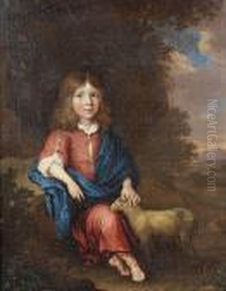 Portrait Of A Young Boy, Seated 
Small Full-length, As A Shepherd In A Red Dress And A Blue Wrap, A Lamb 
At His Side In A Landscape Oil Painting by Jan van Haensbergen