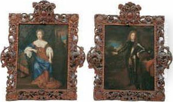 Bildnisse Eines Ehepaares Vor
 Landschaftshintergrund. In Ihren Alten Reich Geschnitzten Oil Painting by Jan van Haensbergen