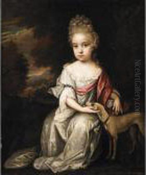 Johannes Van Haansbergen, 
Portrait Of A Young Girl, Full Length, Wearing White, With A Dog Oil Painting by Jan van Haensbergen