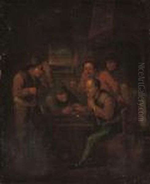 Boors Playing A Game In An Interior Oil Painting by Maarten Van Heemskerck