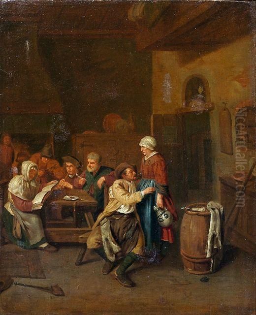 Wirtshausszene Mit Musizierender
 Gesellschaft An Einem Tisch Und Einem Schakernden Paar Im Vordergrund Oil Painting by Egbert Van Heemskerck