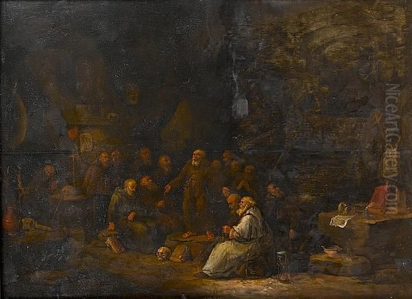 Monks Debating In A Grotto Oil Painting by Egbert Van Heemskerck
