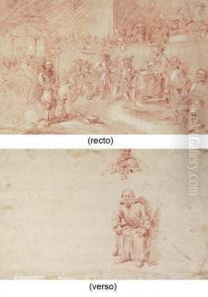 Two Figures Brought Before A Judge In A Crowded Courtroom Oil Painting by Egbert Van Heemskerck