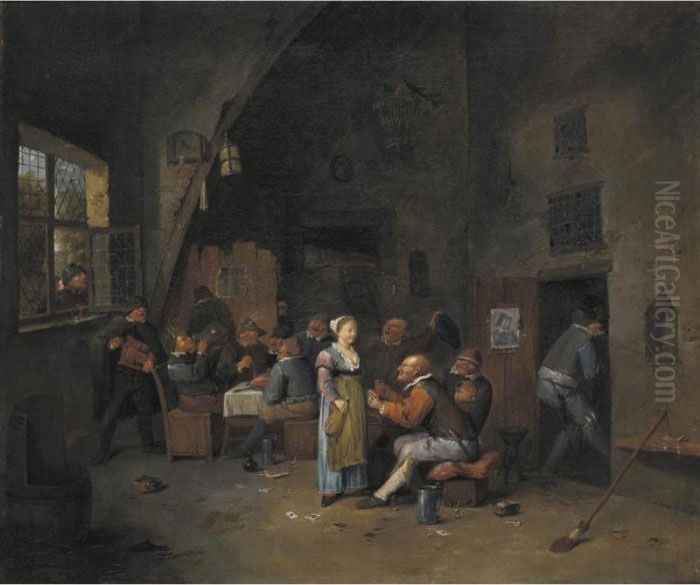 Boors Carousing And Eating In A Tavern Oil Painting by Egbert Van Heemskerck