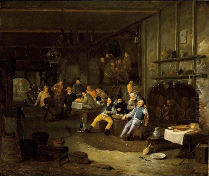 An Interior Of An Inn With 
Peasants Smoking, Drinking And Eating Around Tables Together With A 
Violin Player And A Dancing Peasant Oil Painting by Egbert Van Heemskerck