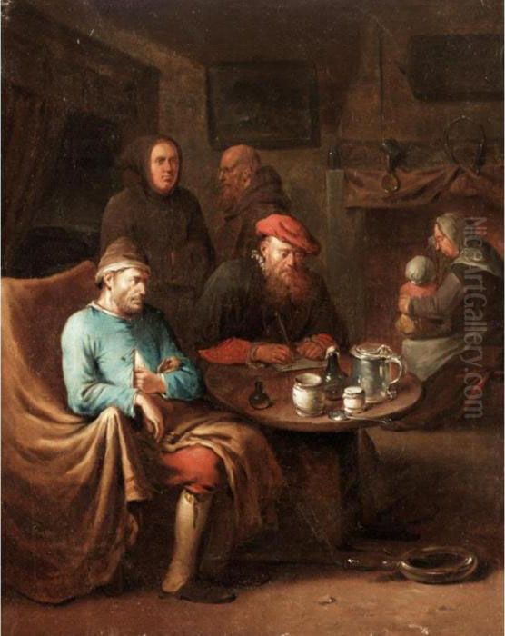 Interior With A Doctor And Monks Visiting An Invalid Oil Painting by Egbert Van Heemskerck