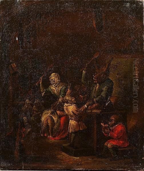 A Monkey School With A Cat And An Ass Disciplining Two Monkeys, A Monkey Reading Beyond Oil Painting by Egbert Van Heemskerck