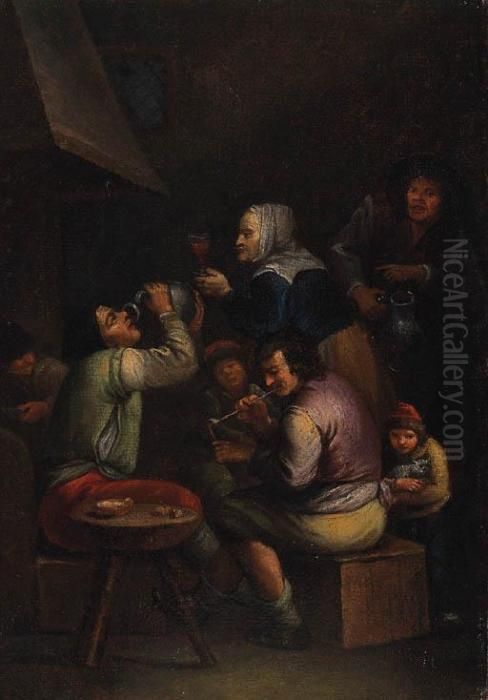 Peasants Drinking And Smoking In A Tavern Oil Painting by Egbert Van Heemskerck