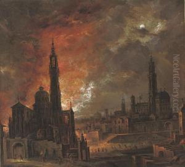 A City On Fire At Night With Townsfolk Fleeing Oil Painting by Daniel van Heil