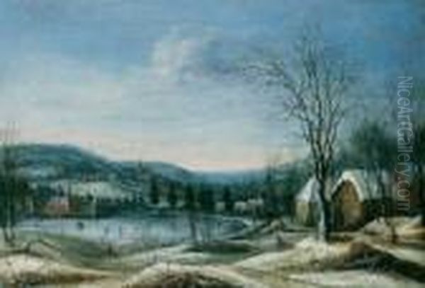 Winterlandschaft Mit Eislaufern 
Auf Einem Teich. Ol Auf Leinwand (doubliert). H 57,5; B 82,5 Cm. Eine 
Vergleichbare Winterlandschaft Heils Von Identischem Format Befindet 
Sich In Den Musees Royaux Des Beaux-arts In Brussel. - Der Brusseler 
Maler D Oil Painting by Daniel van Heil