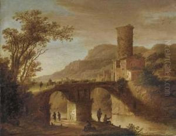 An Italianate Landscape With 
Fishermen By A River And Peasants Crossing A Bridge Leading To A Town Oil Painting by Daniel van Heil