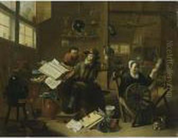 An Interior Scene With An 
Alchemist And His Assistant, Together With A Woman Behind A Spinning 
Wheel And A Cat Oil Painting by Matheus van Helmont