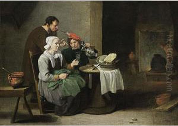 A Peasant Woman And A Young Man 
Eating And Drinking At A Table, With A Man Standing Behind, Other 
Figures Near A Fireplace In The Background Oil Painting by Matheus van Helmont