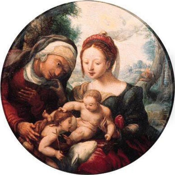 The Madonna And Child Adored By 
Saint Elisabeth And The Infantsaint John The Baptist In A Landscape Oil Painting by Jan Sanders Van Hemessen