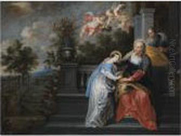Saint Anne Teaching The Virgin 
Mary To Read, In A Garden Setting,with Two Angels Descending, Bearing A 
Floral Crown Oil Painting by Willem van, the Elder Herp