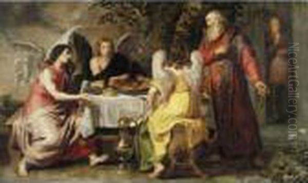 Abraham And The Three Angels Oil Painting by Willem van, the Elder Herp