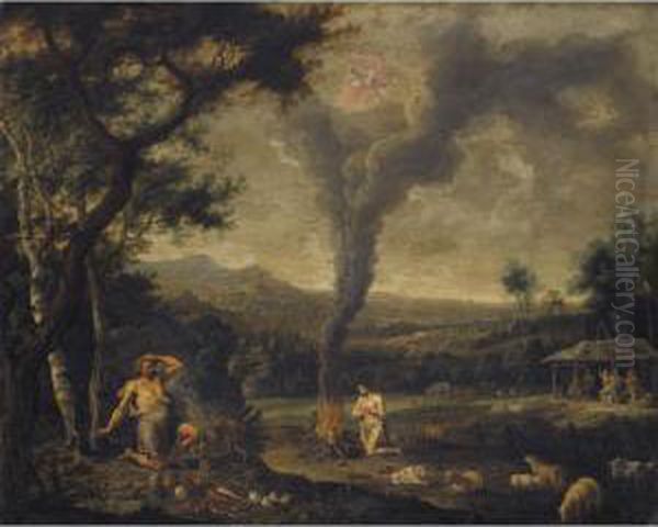 God Accepting The Sacrifice Of 
Abel Having Rejected The Offer Of Cain With Cain
 Killing Abel Beyond Oil Painting by Willem van, the Elder Herp