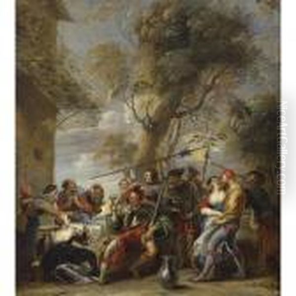 Bandits Assaulting A Group Of Peasants Outside An Inn Oil Painting by Willem van, the Elder Herp