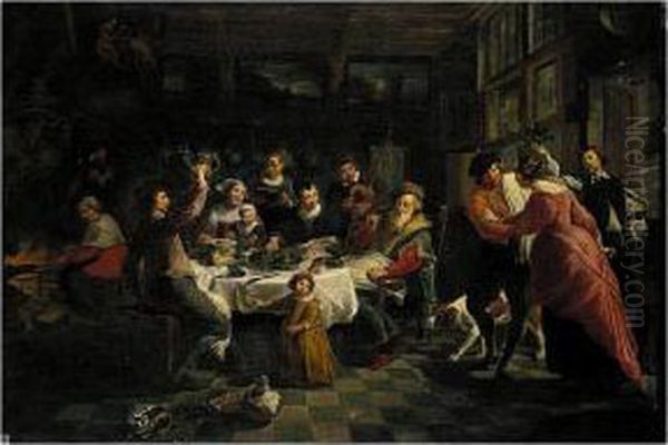 Interior With A Family Feasting And Dancing Oil Painting by Willem van, the Elder Herp