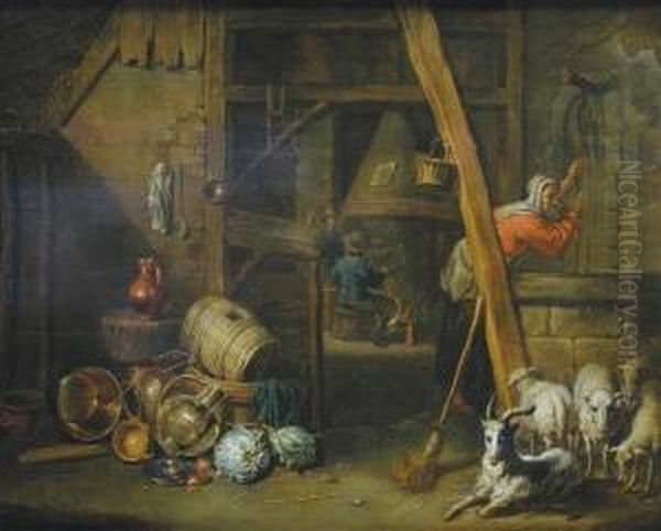 Interno Con Figure, Ovini, Verdura E Vasellame. Oil Painting by Willem van, the Elder Herp