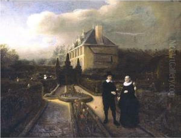 Portrait Of A Jan Cornelisz. 
Vijgeboom Handing His Wife, Anneken Joosten Boogaert A Tulip In The 
Garden Of A Manor House Oil Painting by Samuel Van Hoogstraten