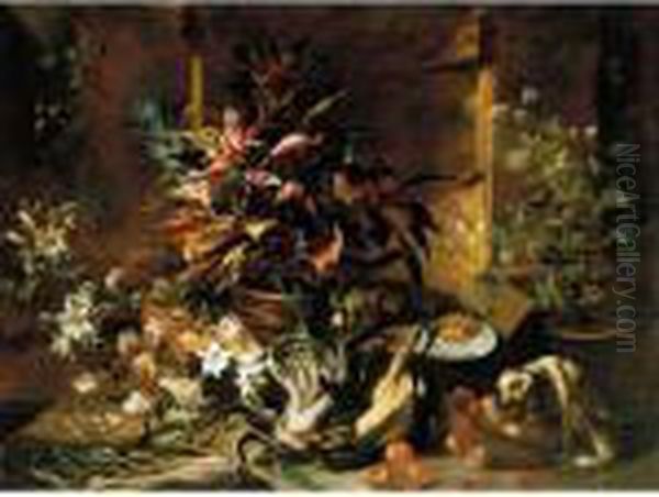 Still Life With Potted Plants 
And Roses, A Dog, A Basket Of Apples, Fennel, And A Semi-plucked 
Rooster, A Bread Roll On A Plate And A Wine-glass Oil Painting by Niccolino Van Houbraken