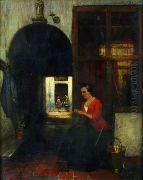 Femme Cousant Dans Une Cour Interieure Oil Painting by Hubertus, Huib Van Hove