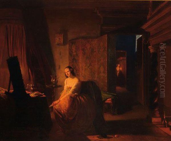 Lady In Front Of A Mirror By The
 Light Of A Fire-place, In The Background A Maid Holding A Candle Oil Painting by Hubertus, Huib Van Hove