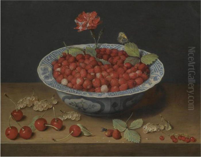 A Still Life Of Wild 
Strawberries And A Carnation In A Ming Bowl, With Cherries And 
Redcurrants On A Wooden Ledge Oil Painting by Jacob van Hulsdonck