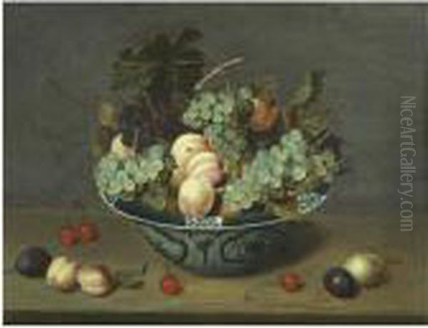 Still Life With Peaches And 
White And Red Grapes In A Chinese Wan-li Porcelain Bowl On A Ledge With 
Plums, Cherries And Apricots Oil Painting by Jacob van Hulsdonck